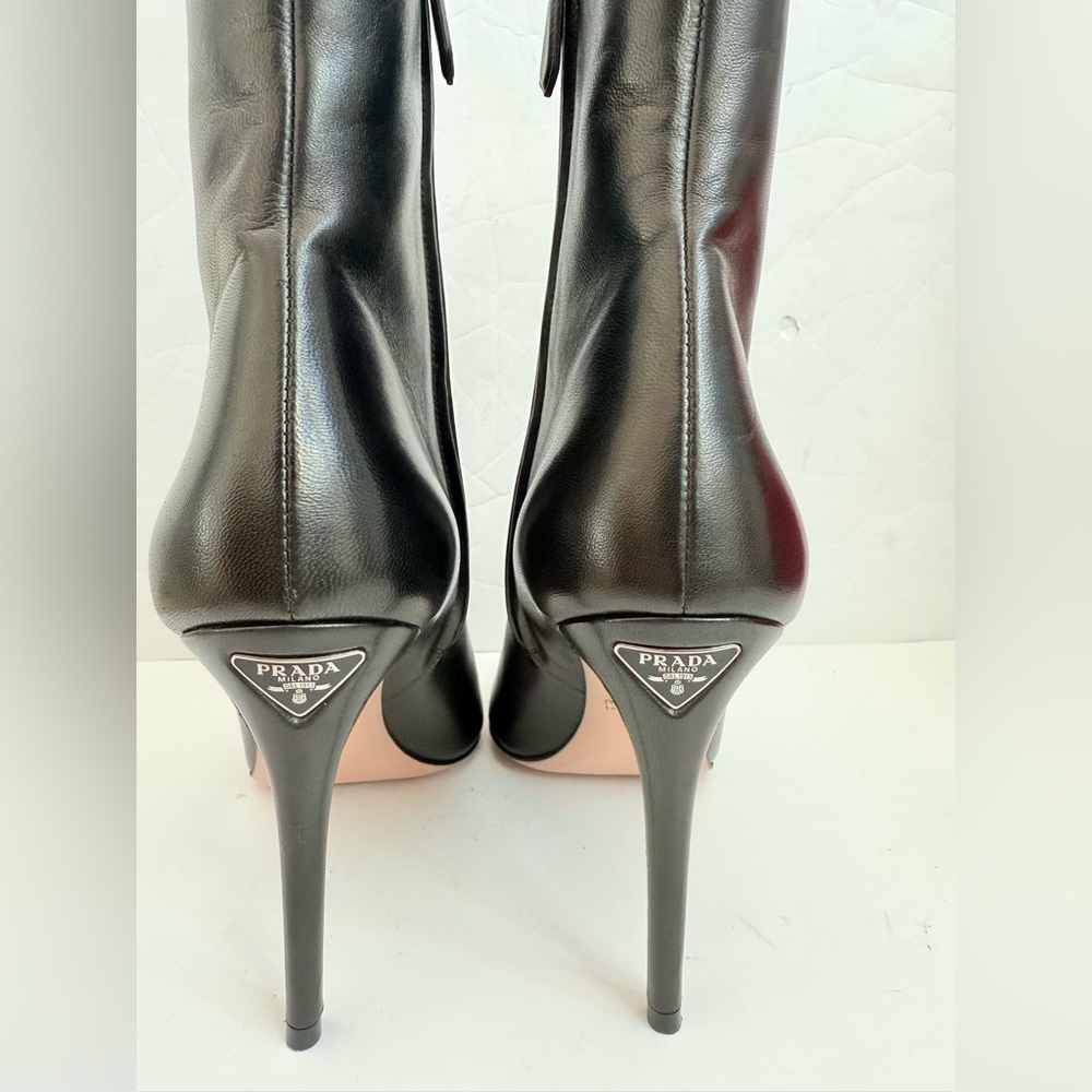 Prada Black Nappa Leather Triangle logo Plaque heel ankle booties EU 40 - Picture 6 of 13